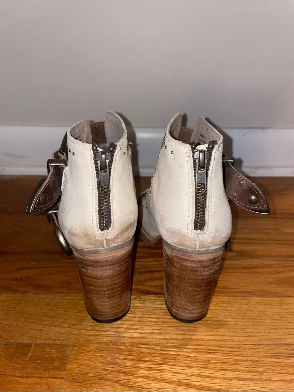 Western Cowboy Booties Cream and Brown Buckle Western Block Heel